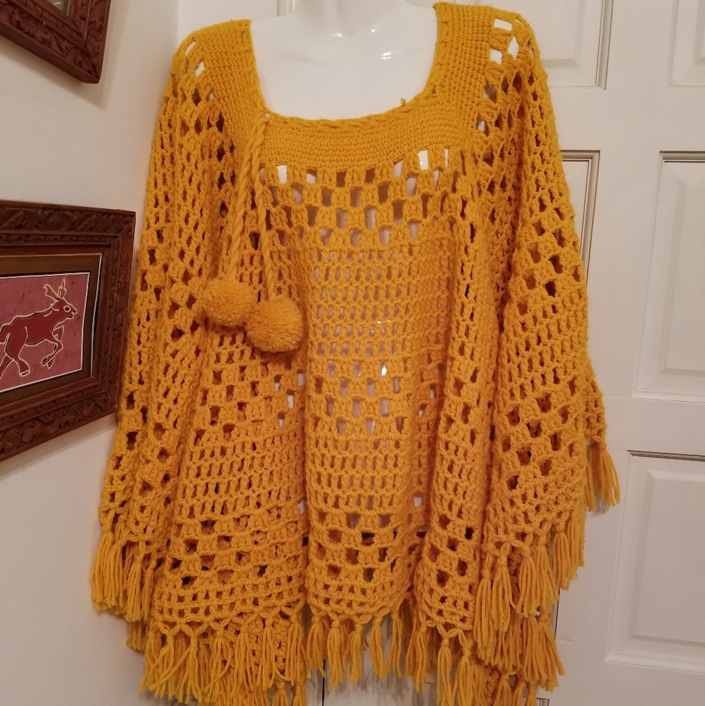 Vintage handmade shawl with pompoms